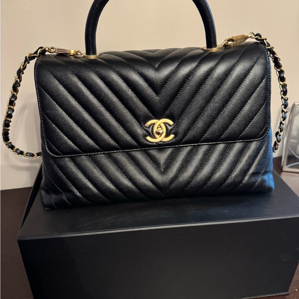 CHANEL Black Chevron Leather Satchel